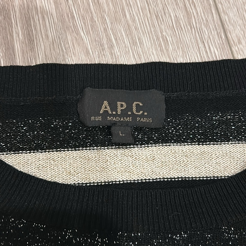 A.P.C Black & Cream Sparkle Striped Crew Neck Long Sleeve Sweater Size Large - Picture 3 of 5